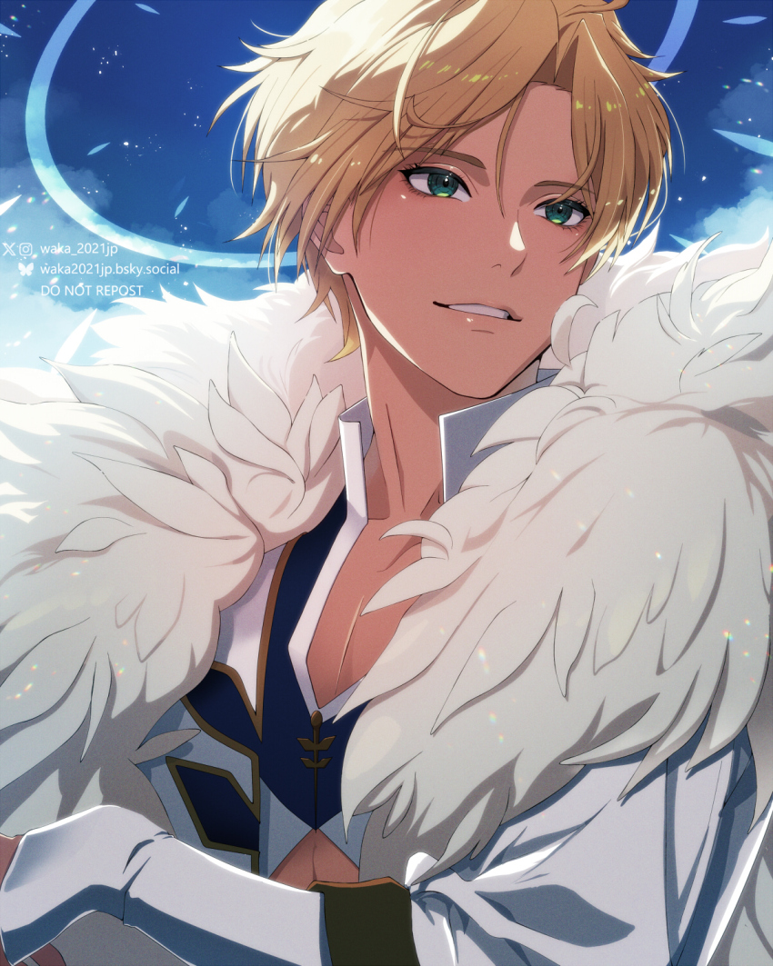 angel, blonde_hair, blue_background, crossed_arms, demon, demon_boy, feather_boa, green_eyes, highres, long_eyelashes, obey_me!:_one_master_to_rule_them_all!, obey_me!_nightbringer, satan_(obey_me!), shirt, waka_2021jp, watermark, white_shirt