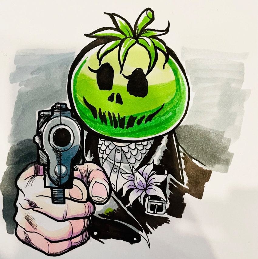 1girl, aiming, fingernails, flower, gun, highres, holding, holding_gun