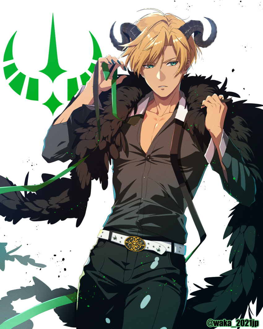 black_shirt, blonde_hair, demon, demon_boy, demon_horns, feather_boa, green_eyes, highres