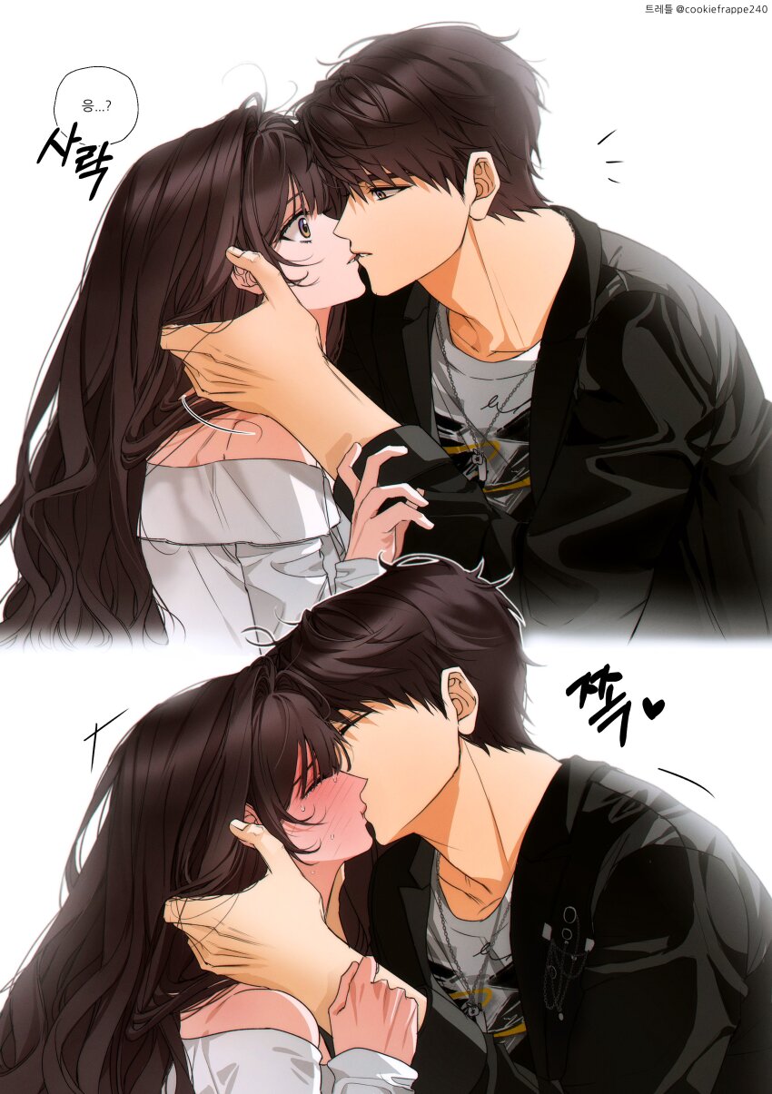 1boy, 1girl, absurdres, artist_name, black_hair, blush, brown_hair, caleb_(love_and_deepspace), dog_tags, full-body_blush, hand_on_another's_neck, heart, highres, imminent_kiss, kiss, korean_text, long_hair, love_live!, multiple_views, one_eye_closed, protagonist_(love_and_deepspace), shirt, short_hair, simple_background, spaceshelter, sweat, very_short_hair, wavy_hair, white_background, white_shirt