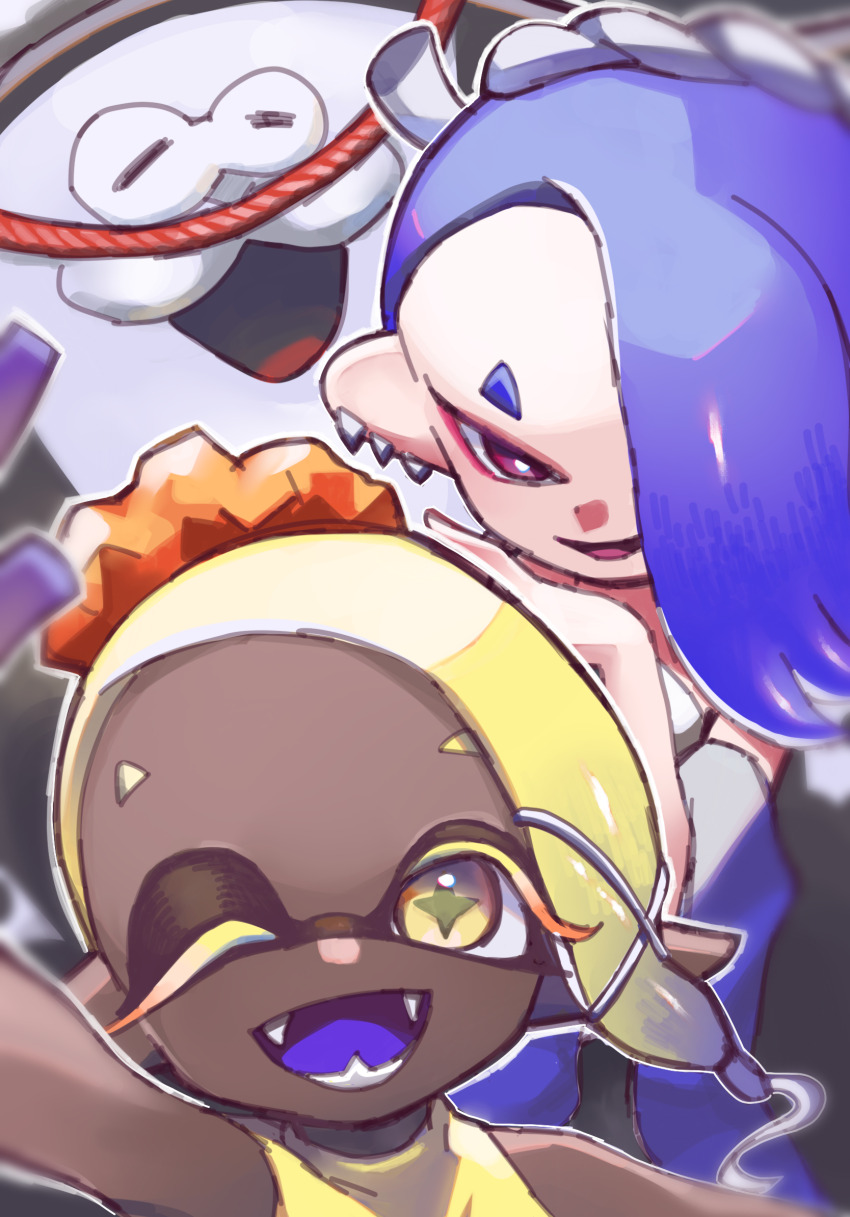 1boy, 2girls, azkrock, big_man_(splatoon), blonde_hair, blue_hair, blue_shawl, colored_eyelashes