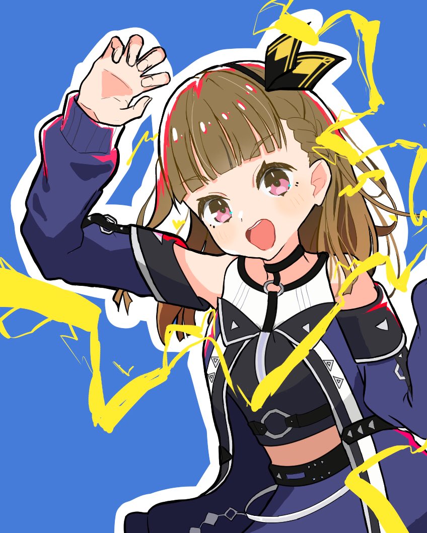 1girl, :d, ampere_(love_live!), bare_shoulders, blue_background, blue_coat, blue_skirt, blush