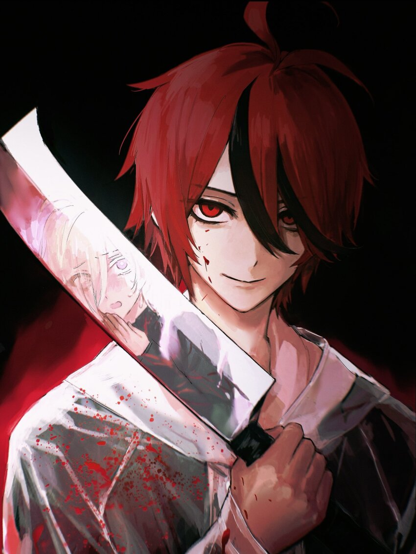 2boys, ahoge, black_background, black_hair, blood, blood_on_clothes, blood_on_face, blood_on_hands