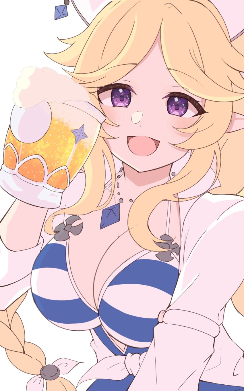 1girl, :d, alcohol, beer, beer_mug, blonde_hair, blue_one-piece_swimsuit, braid