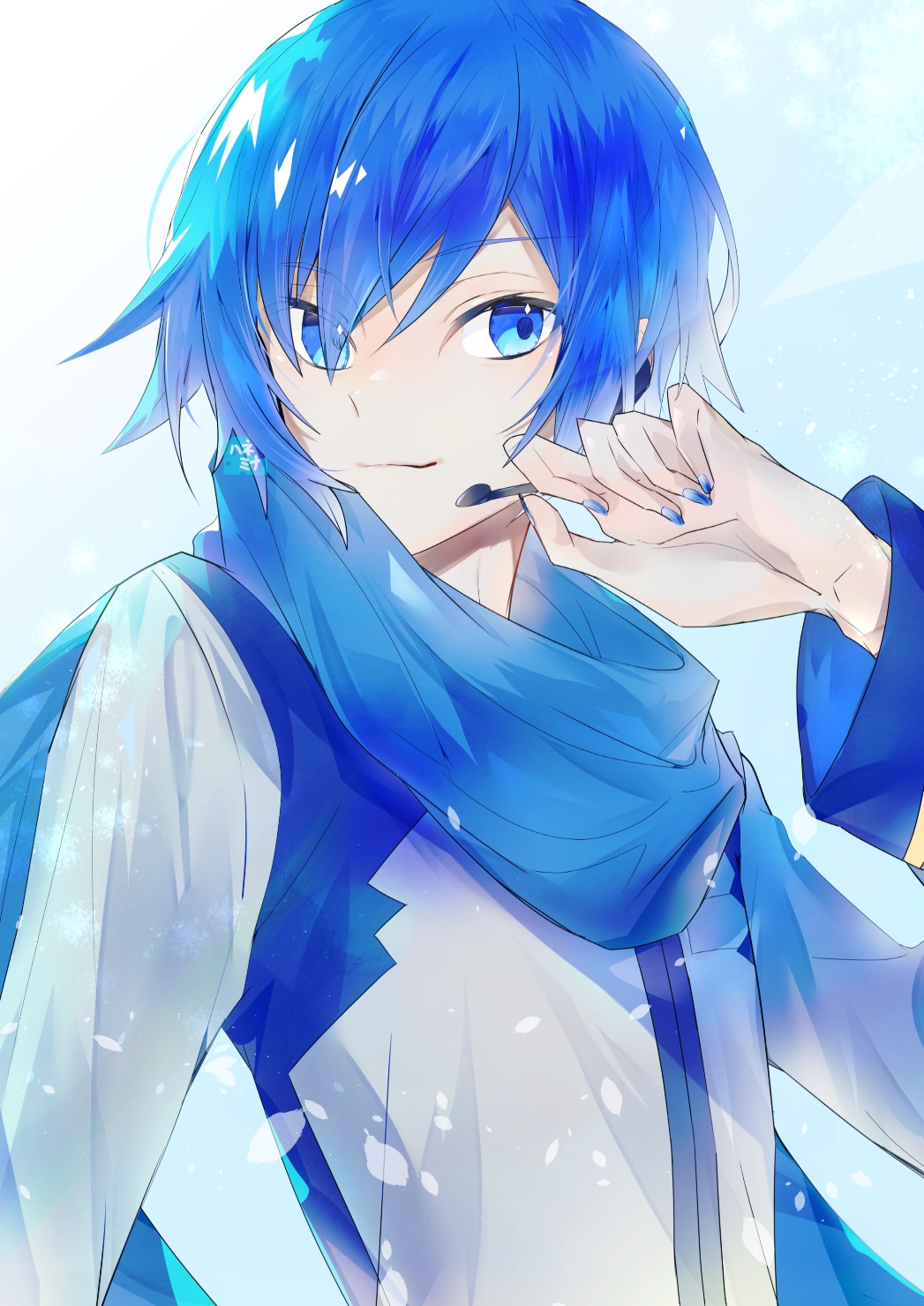 1boy, blue_eyes, blue_hair, commentary, hand_up, hanemina, headset, highres
