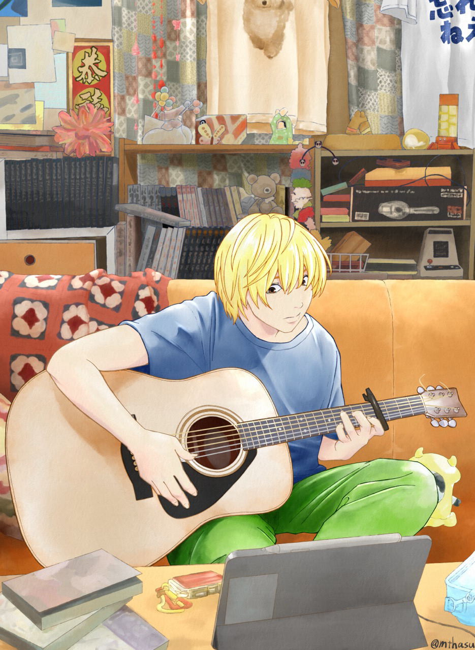 1girl, acoustic_guitar, baby_walkure, black_eyes, blonde_hair, blue_shirt, capo_(guitar), commentary_request