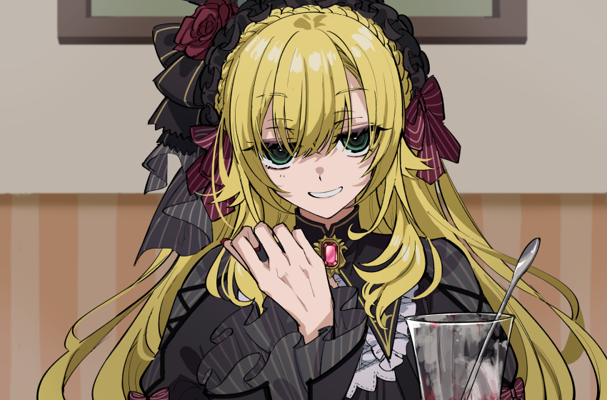 1boy, black_dress, black_hairband, blonde_hair, bow, braid, brooch, collared_dress, crossdressing, crossdressing_(mtf), crown_braid, cup, dress, flower, frilled_hairband, frilled_sleeves, frills, gem, gothic_lolita, green_eyes, grin, hair_between_eyes, hairband, highres, jewelry, juliet_sleeves, lolita_fashion, lolita_hairband, long_hair, long_sleeves, looking_at_viewer, male_focus, nijisanji, official_alternate_costume, puffy_sleeves, red_bow, red_flower, red_gem, red_rose, rose, smile, solo, spoon, trap, upper_body, uzuki_kou, uzuki_kou_(4th_costume), virtual_youtuber, yoe777ty