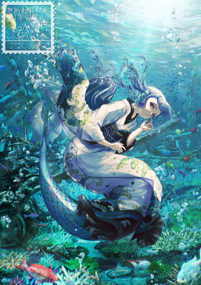 1girl, air_bubble, blue_hair, bubble, closed_mouth, coral, fins, fish