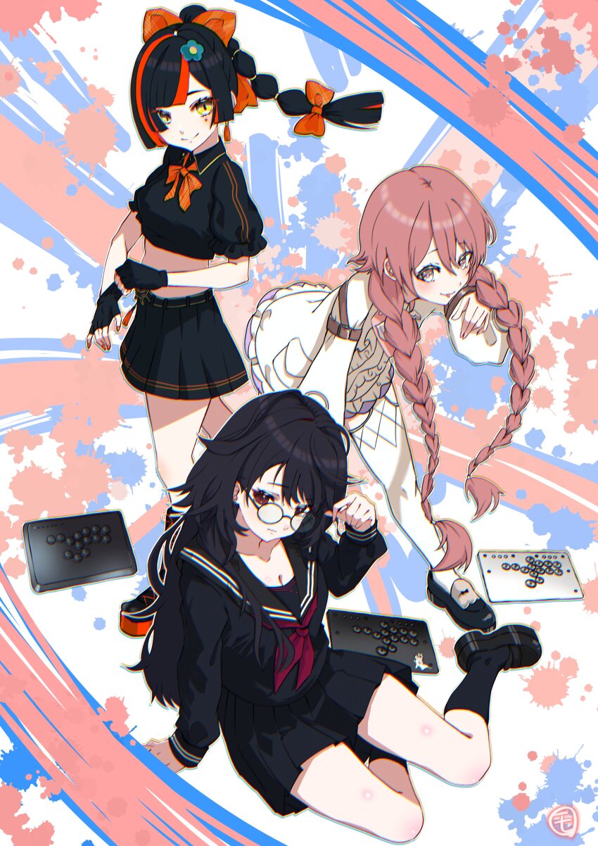 3girls, absurdres, amayui_moka, amayui_moka_(1st_costume), arcade_stick, black_hair, black_sailor_collar, black_serafuku, blunt_bangs, braid, breasts, brown_hair, choya_hanabi, choya_hanabi_(1st_costume), cleavage, controller, facial_mark, game_controller, glasses, heibon_banana, highres, joystick, kisaragi_ren_(5th_costume)_(vspo!), kisaragi_ren_(vspo!), leverless_arcade_stick, long_hair, looking_at_viewer, midriff, multicolored_hair, multiple_girls, neckerchief, ponytail, red_eyes, red_hair, red_neckerchief, sailor_collar, school_uniform, serafuku, sitting, skirt, streaked_hair, twin_braids, virtual_youtuber, vspo!