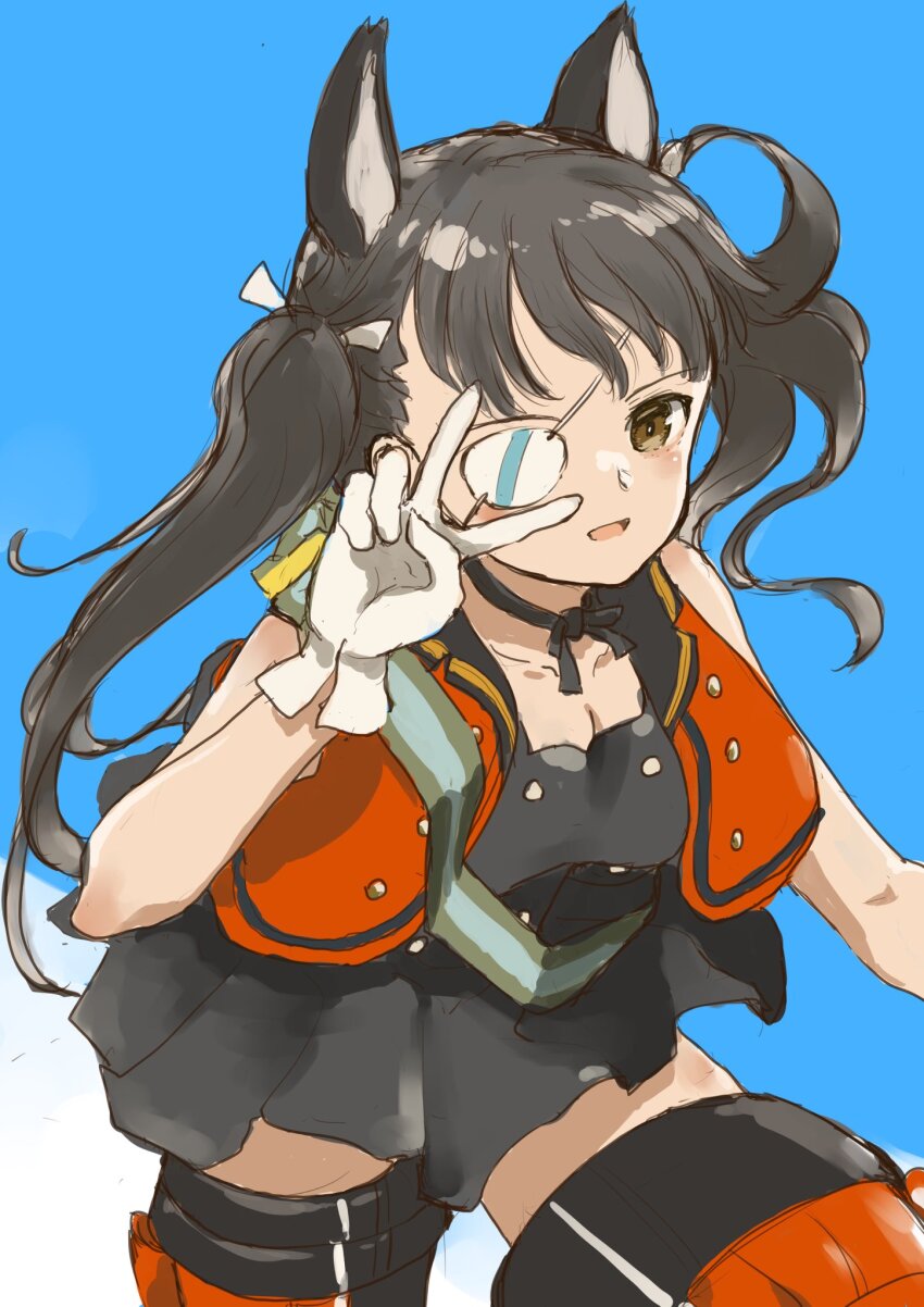 1girl, alternate_costume, alternate_hairstyle, animal_ears, aviation_magic_band, black_hair, black_skirt, blue_background