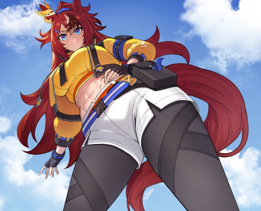 1girl, animal_ears, arm_belt, bandeau, black_gloves, black_thighhighs, blowing_bubble_gum, blowing_bubbles