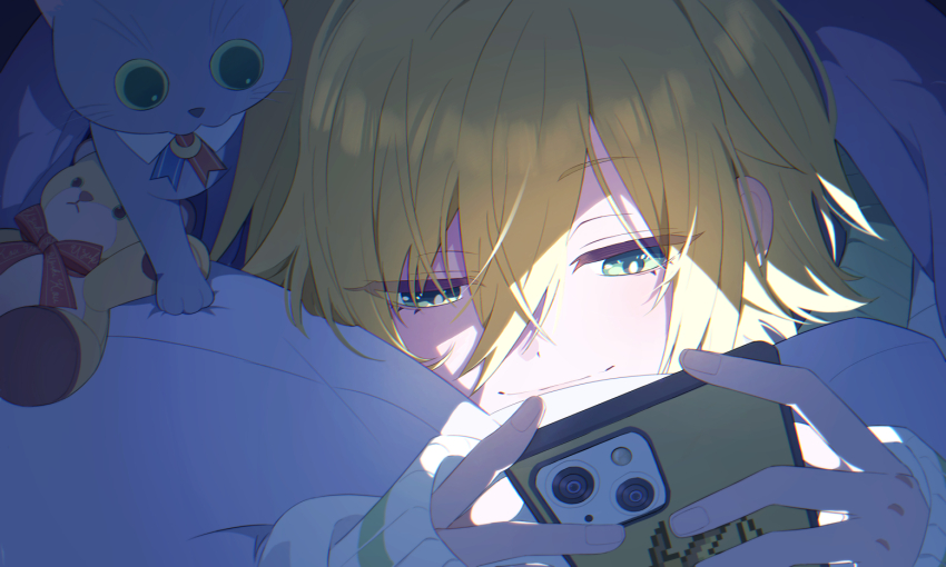1boy, blonde_hair, cat, cellphone, closed_mouth, dark, green_eyes, grey_cat