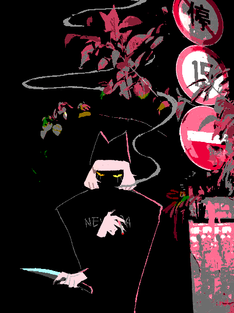 1boy, animal_hat, black_background, black_eyes, cat_hat, cigarette, colored_sclera, fingernails, hat, heizuo955, holding, holding_cigarette, holding_knife, knife, looking_at_viewer, male_focus, no_entry_sign, nyen_(randal's_friends), outdoors, pink_hair, pink_theme, plant, randal's_friends, road_sign, sharp_fingernails, short_hair, sign, smoke, smoke_trail, smoking, solo, upper_body, yellow_sclera