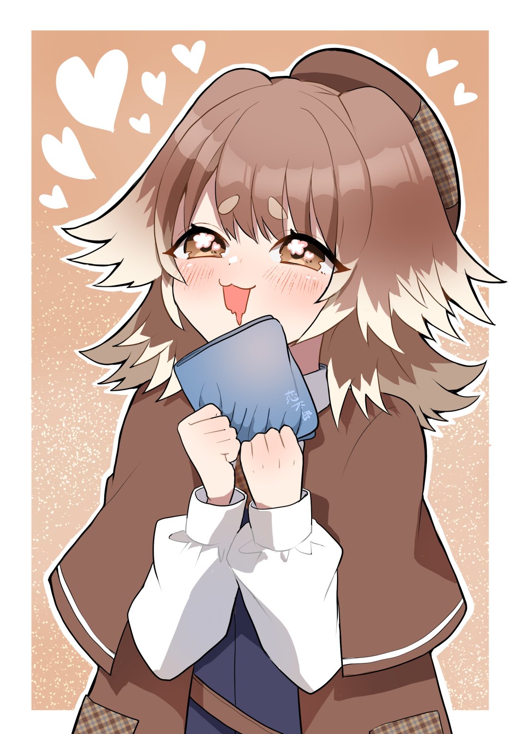 1girl, beret, blush, border, brown_background, brown_cape, brown_capelet, brown_eyes