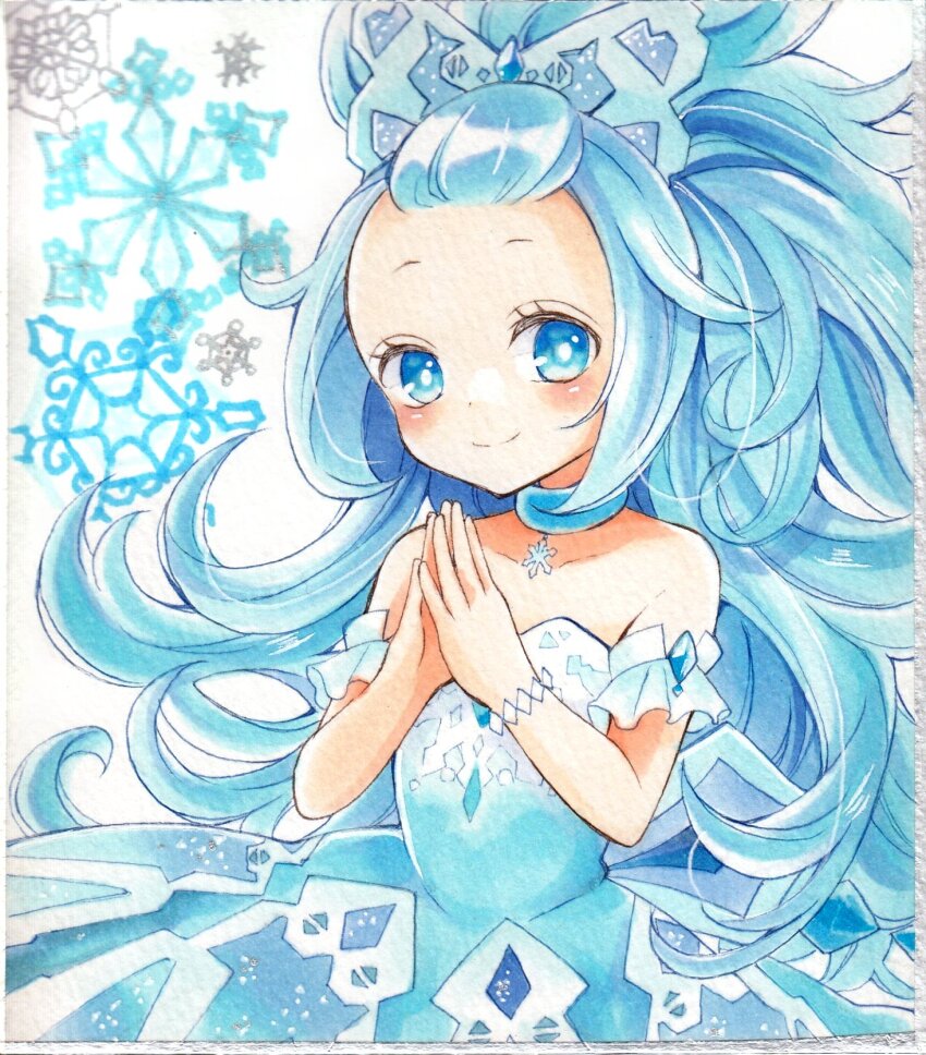 1girl, bare_shoulders, blue_eyes, blue_hair, blush, closed_mouth, collarbone, dress, duel_monster, fairy, flat_chest, hair_ornament, highres, long_hair, looking_at_viewer, off-shoulder_dress, off_shoulder, own_hands_together, princess_dress, rikka_petal, smile, snowflake_necklace, snowflake_print, snowflakes, solo, ukyou_kuro, white_background, yu-gi-oh!