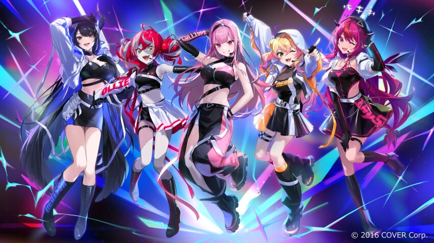 5girls, :d, ;d, ahoge, arm_up, asymmetrical_horns, belt, black_boots