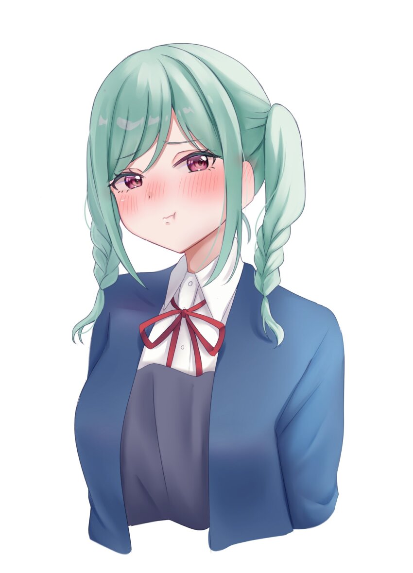 1girl, aqua_hair, blue_jacket, blush, braid, collared_shirt, commentary_request, cropped_torso
