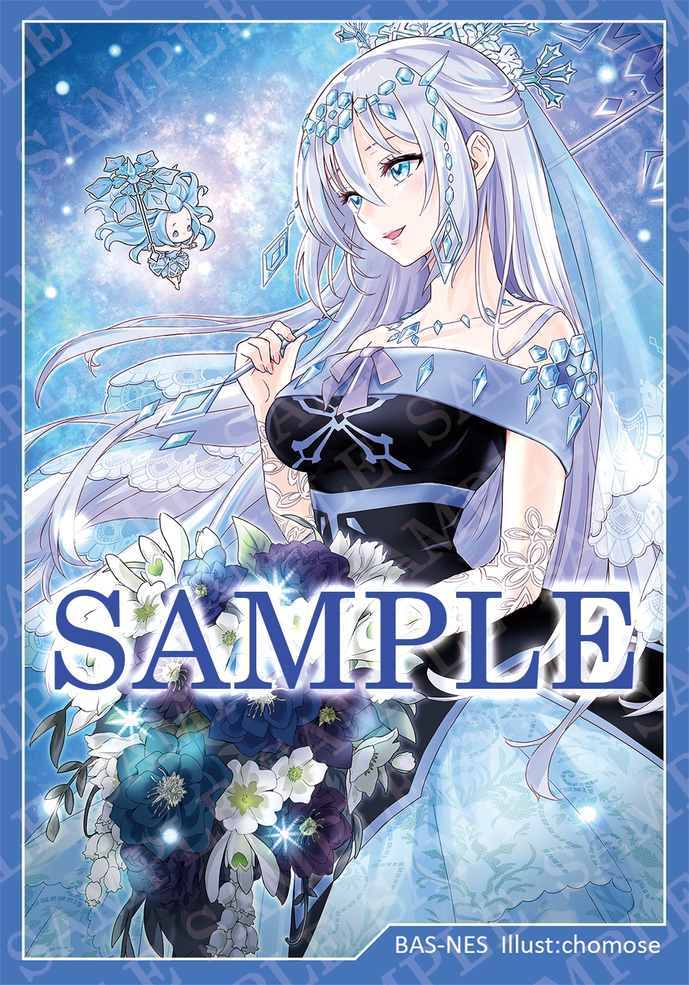 2girls, bare_shoulders, black_dress, blue_eyes, blue_hair, bouquet, breasts, chomose