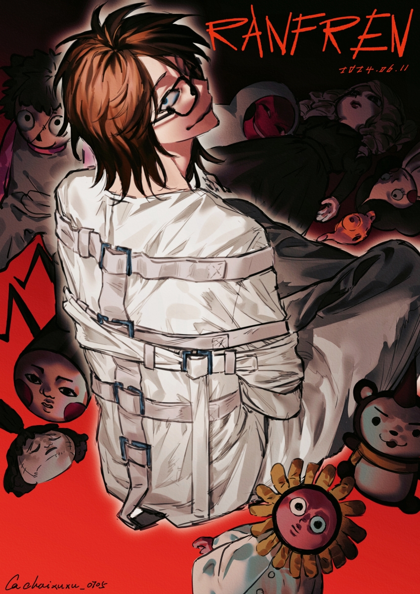 1boy, absurdres, blue_eyes, brown_hair, chaixuxu0705, dated, doll, glasses