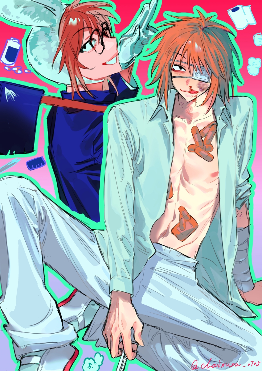 1boy, absurdres, animal_hat, bandaged_arm, bandages, bandaid, bandaid_on_chest, bandaid_on_stomach