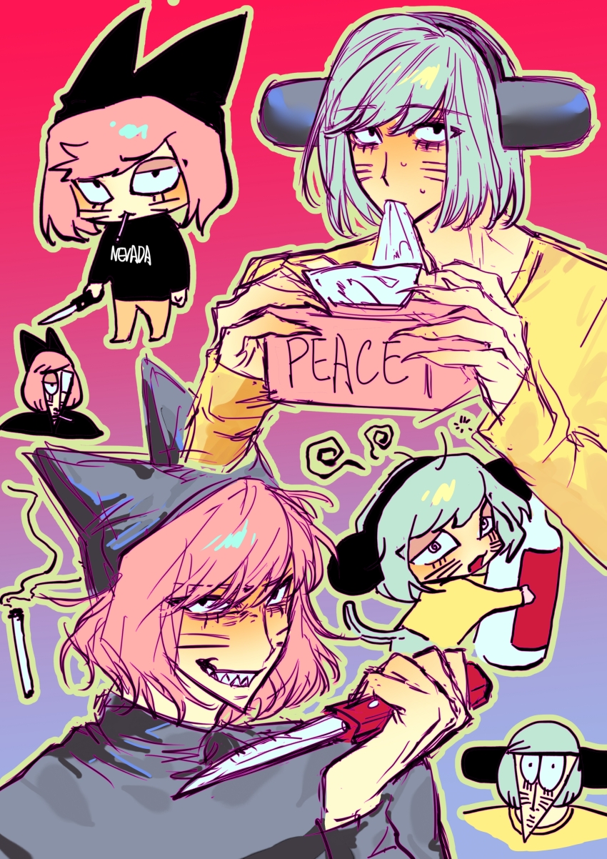 2boys, absurdres, alcohol, animal_ears, animal_hat, blue_hair, cat_hat, chaixuxu0705, facial_mark, fake_animal_ears, fake_tail, fingernails, gradient_background, hat, highres, holding, holding_knife, knife, looking_at_viewer, male_focus, mouth_hold, multiple_boys, multiple_views, nyen_(randal's_friends), nyon_(randal's_friends), pink_hair, purple_background, randal's_friends, red_background, sharp_fingernails, sharp_teeth, shirt, short_hair, simple_background, tail, teeth, tissue, tissue_box, turtleneck, whisker_markings, yellow_shirt