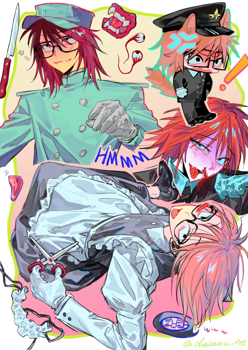 1boy, absurdres, animal_ears, blood, brown_hair, chaixuxu0705, coat, crossdressing, crossdressing_(mtf), dentures, dog_boy, dog_ears, dog_tail, dress, eyeball, glasses, gloves, gradient_background, grey_dress, hat, highres, holding, holding_scissors, kemonomimi_mode, knife, maid, male_focus, male_maid, medium_hair, multiple_views, nosebleed, peaked_cap, pink_background, pink_hair, randal's_friends, randal_ivory, red_hair, scissors, tail