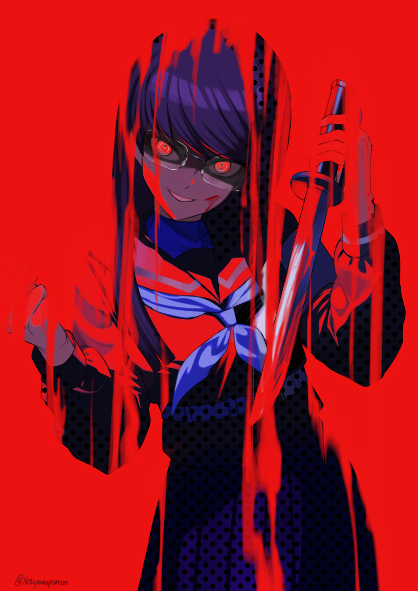 1girl, absurdres, blood, blood_on_face, crazy_eyes, crazy_smile, female_focus, glasses