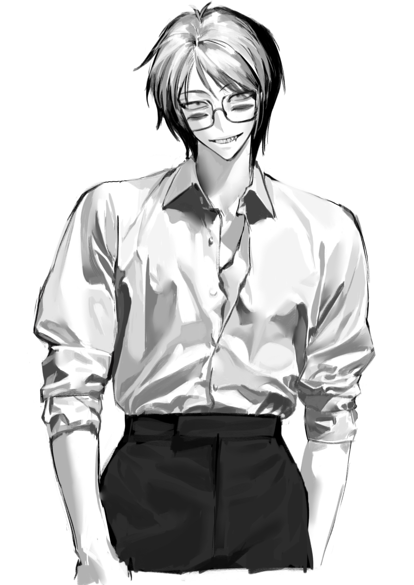 1boy, absurdres, aged_up, chaixuxu0705, cowboy_shot, extra_eyes, glasses, greyscale