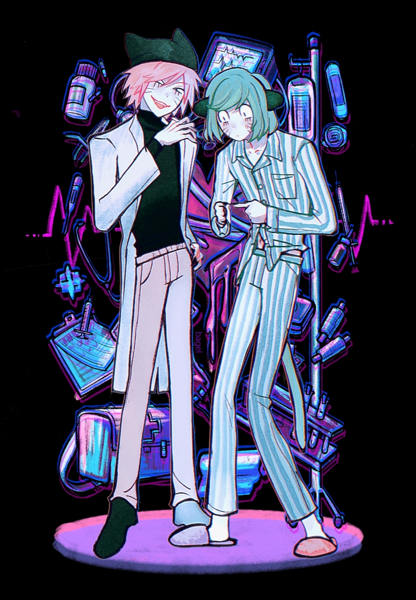 2boys, absurdres, animal_ears, animal_hat, bagel_(xinjinjumin900341874831), black_background, black_eyes, black_sweater