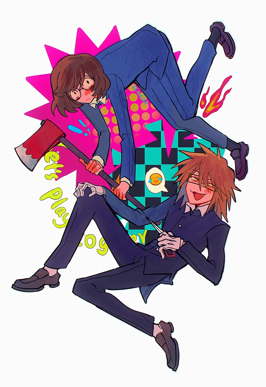 2boys, absurdres, aged_down, axe, bagel_(xinjinjumin900341874831), black_eyes, blood, blood_on_hands