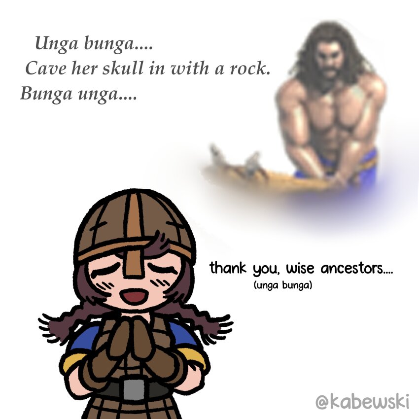 1boy, 1girl, :d, absurdres, age_of_empires_(series), age_of_empires_i, age_of_empires_ii, armor, black_hair, blue_shirt, blush, braid, brown_gloves, clubman_(age_of_empires_1), english_text, facing_viewer, gloves, helmet, highres, kabewski, leather_armor, long_hair, meme, militia_(age_of_empires_ii), muscular, muscular_male, open_mouth, shirt, short_sleeves, smile, twin_braids