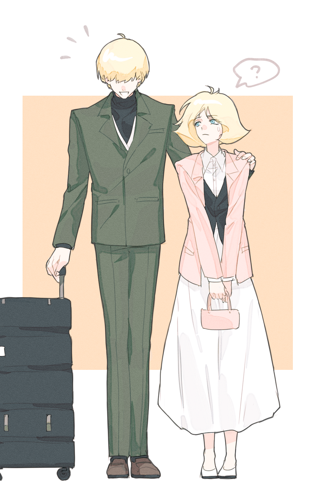 1boy, 1girl, ?, bag, black_shirt, blonde_hair, blue_eyes, char_aznable