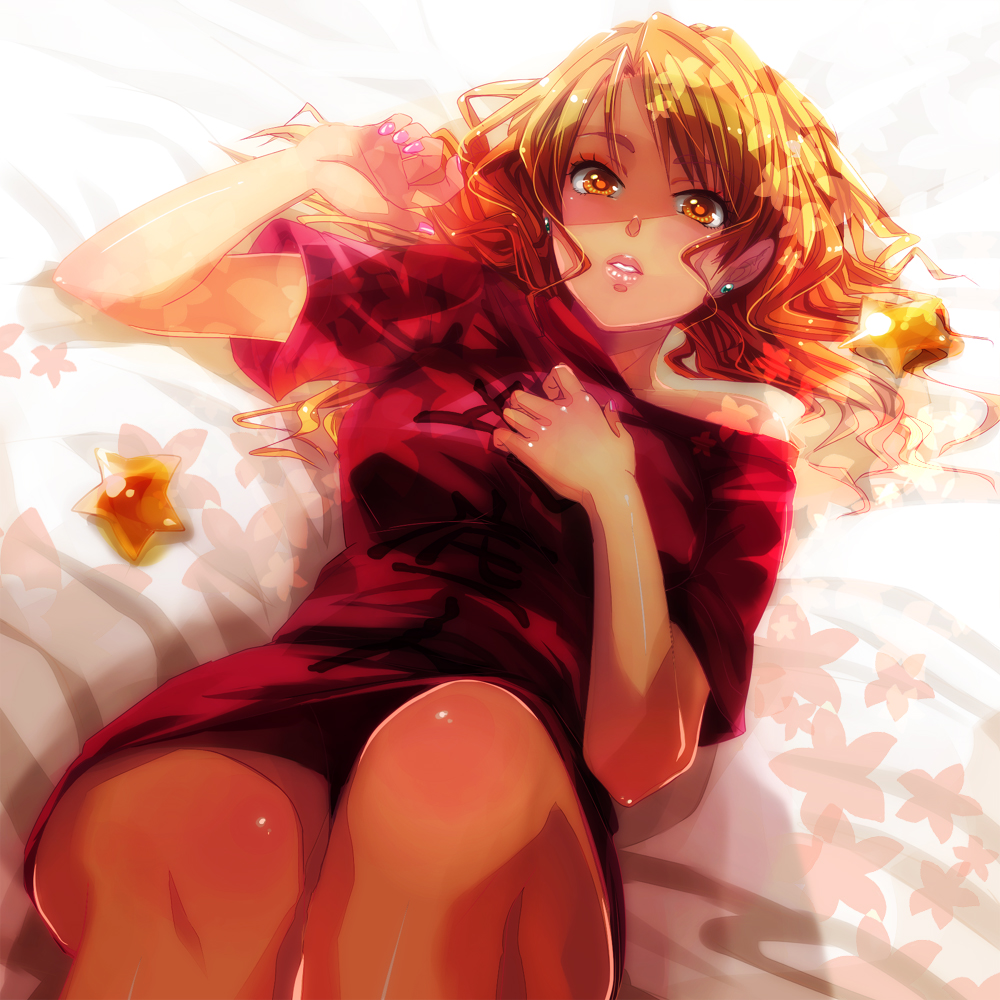 10s, 1girl, anjou_naruko, ano_hi_mita_hana_no_namae_wo_bokutachi_wa_mada_shiranai., bed, bed_sheet, dress, earrings, female_focus, hasumi_fumi, jewelry, lips, lipstick, looking_at_viewer, lying, makeup, matching_hair/eyes, nail_polish, off_shoulder, on_back, orange_eyes, orange_hair, pig_7, shirt, solo, star_(symbol), t-shirt