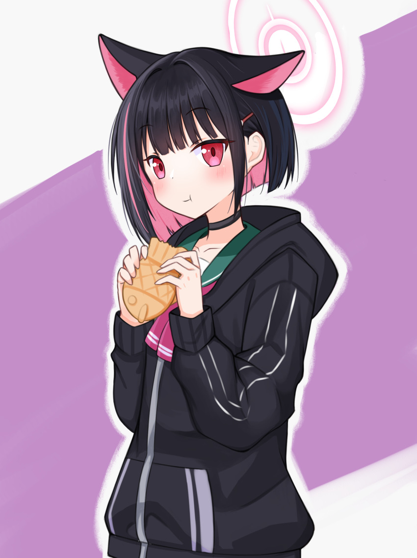 1girl, :t, animal_ears, asagizu, black_hair, black_jacket, blue_archive, cat_ears
