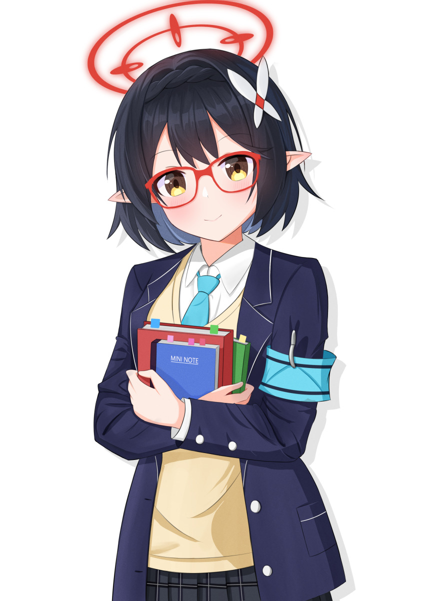 1girl, absurdres, aqua_armband, aqua_necktie, armband, asagizu, ayane_(blue_archive), black_hair