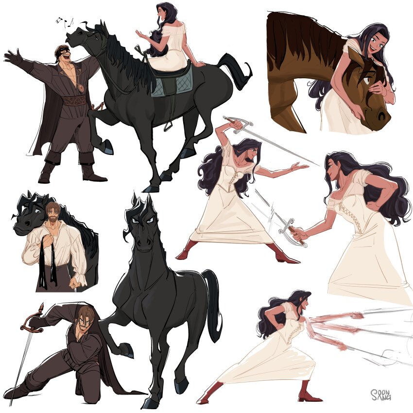 1boy, 1girl, absurdres, beard, black_hair, black_horse, brown_hair, brown_horse, commentary, dress, elena_de_la_vega, english_commentary, facial_hair, full_body, highres, holding, holding_sword, holding_weapon, hong_soon-sang, long_hair, multiple_views, open_mouth, simple_background, smile, sword, the_legend_of_zorro, tornado_(zorro), weapon, white_background, white_dress, zorro, zorro_(character)