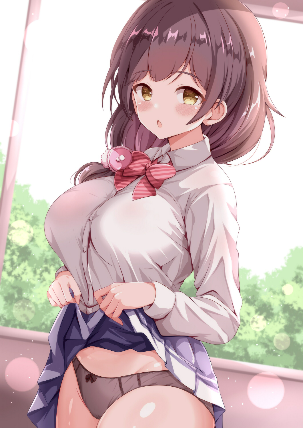 1girl, black_panties, blush, bow, breasts, brown_hair, clothes_lift, collared_shirt, commentary_request, highres, indoors, large_breasts, lifting_own_clothes, long_hair, long_sleeves, looking_at_viewer, ongeki, open_mouth, panties, pleated_skirt, sakurai_haruna_(ongeki), school_uniform, shirt, skirt, skirt_lift, solo, underwear, white_shirt, xenon_(for_achieve)