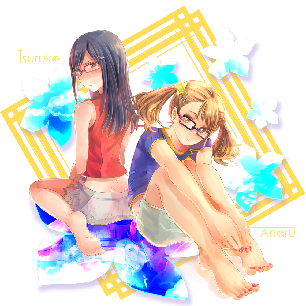 10s, 2girls, anjou_naruko, ano_hi_mita_hana_no_namae_wo_bokutachi_wa_mada_shiranai., bare_shoulders, barefoot, blue_eyes, blue_hair