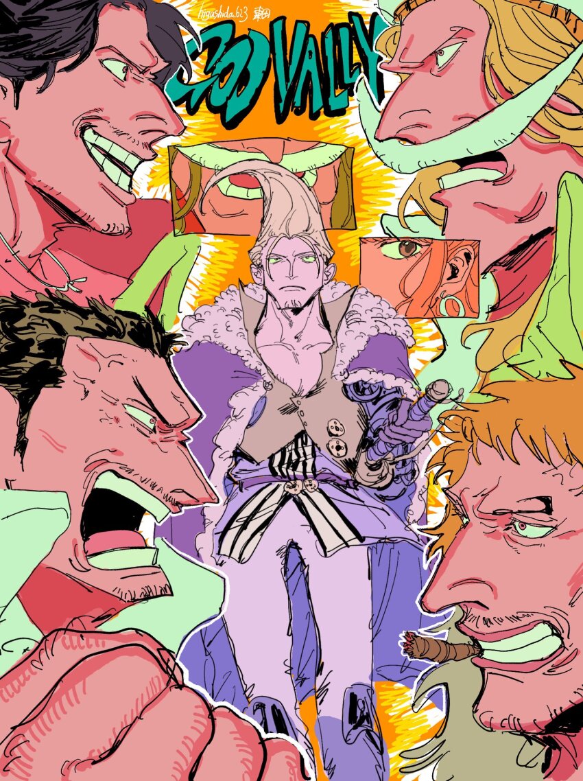 1girl, 5boys, beard_stubble, black_hair, blonde_hair, boots, cape, cigar