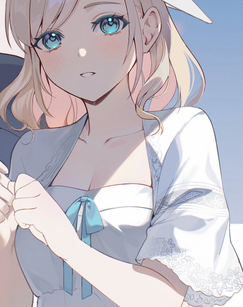 1girl, blue_background, blue_eyes, blush, breasts, ceras_yanagida_lilienfeld, ceras_yanagida_lilienfeld_(summer_casual), cleavage