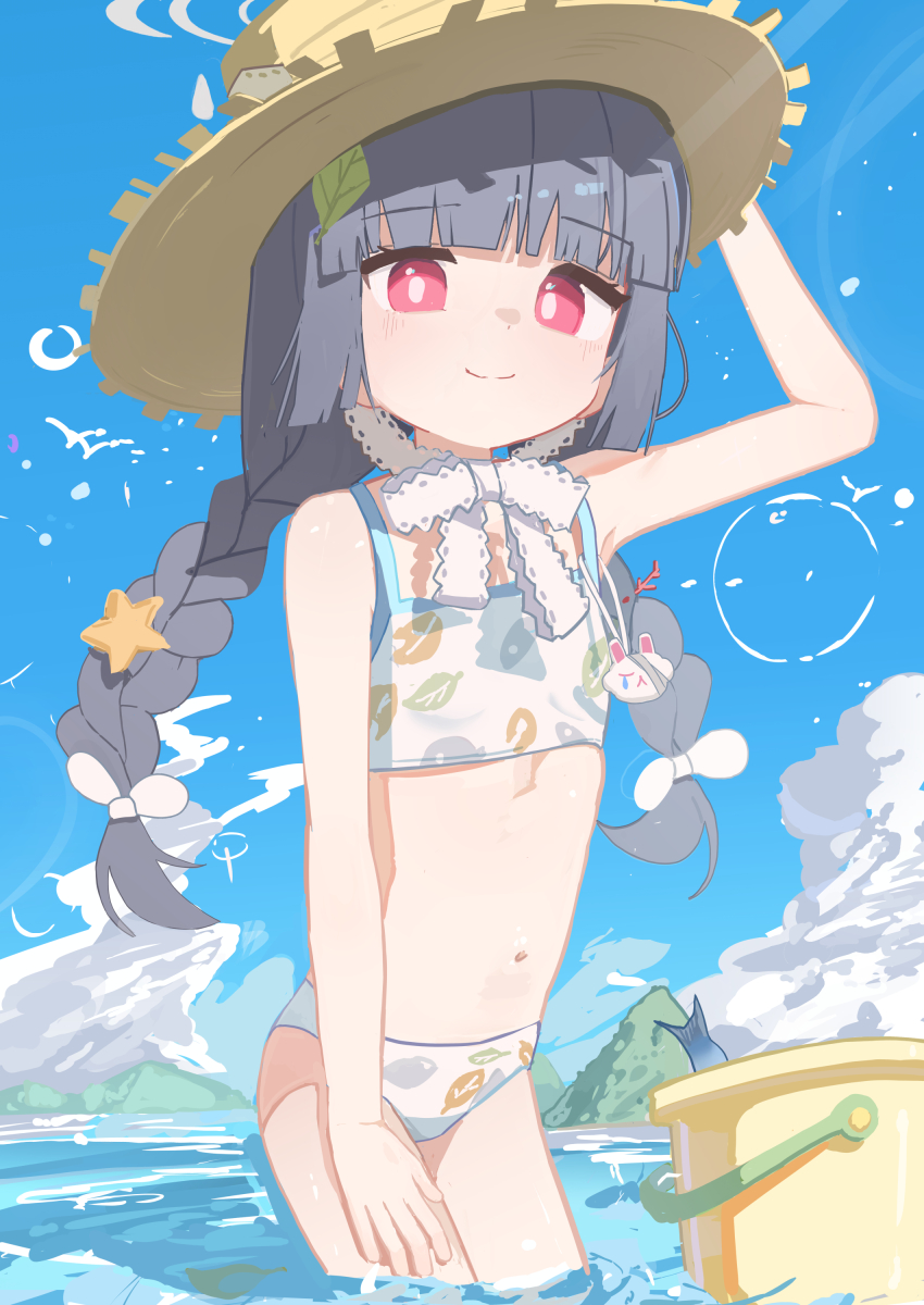 1girl, absurdres, bikini, black_hair, blue_archive, blue_sky, bucket, cloud