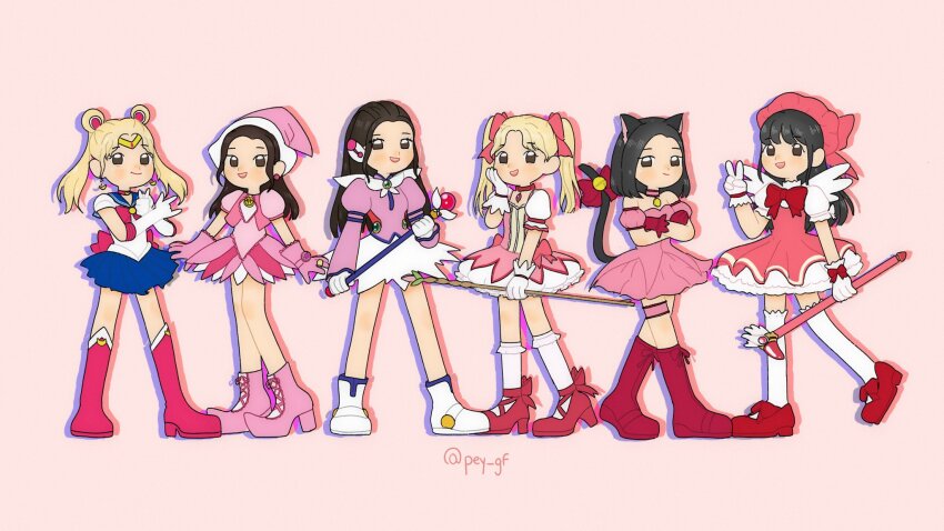 6+girls, bishoujo_senshi_sailor_moon, black_hair, blonde_hair, blue_skirt, bob_cut, boots, cardcaptor_sakura, chibi, choker, commentary, corrector_yui, cosplay, double_bun, dress, earrings, eunha_(gfriend), gfriend, gloves, hair_bun, harukaze_doremi, harukaze_doremi_(cosplay), hat, high_heels, highres, holding, holding_wand, jewelry, kaname_madoka, kaname_madoka_(cosplay), kaname_madoka_(magical_girl), kasuga_yui, kasuga_yui_(cosplay), kinomoto_sakura, kinomoto_sakura_(cosplay), long_hair, looking_at_viewer, magical_girl, mahou_shoujo_madoka_magica, mew_ichigo, mew_ichigo_(cosplay), momomiya_ichigo, multiple_girls, ojamajo_doremi, pey_gf, pink_background, pink_boots, pink_dress, real_life, sailor_moon, sailor_moon_(cosplay), sailor_moon_pose, simple_background, sinb_(gfriend), skirt, sowon_(gfriend), thighhighs, tokyo_mew_mew, twintails, twitter_username, umji_(gfriend), v, wand, white_boots, white_gloves, white_thighhighs, wings, yerin_(gfriend), yuju_(gfriend)