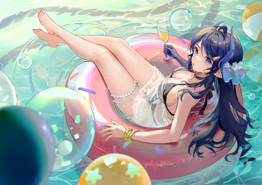 1girl, ahoge, arknights, ball, bangle, bare_legs, barefoot, beachball