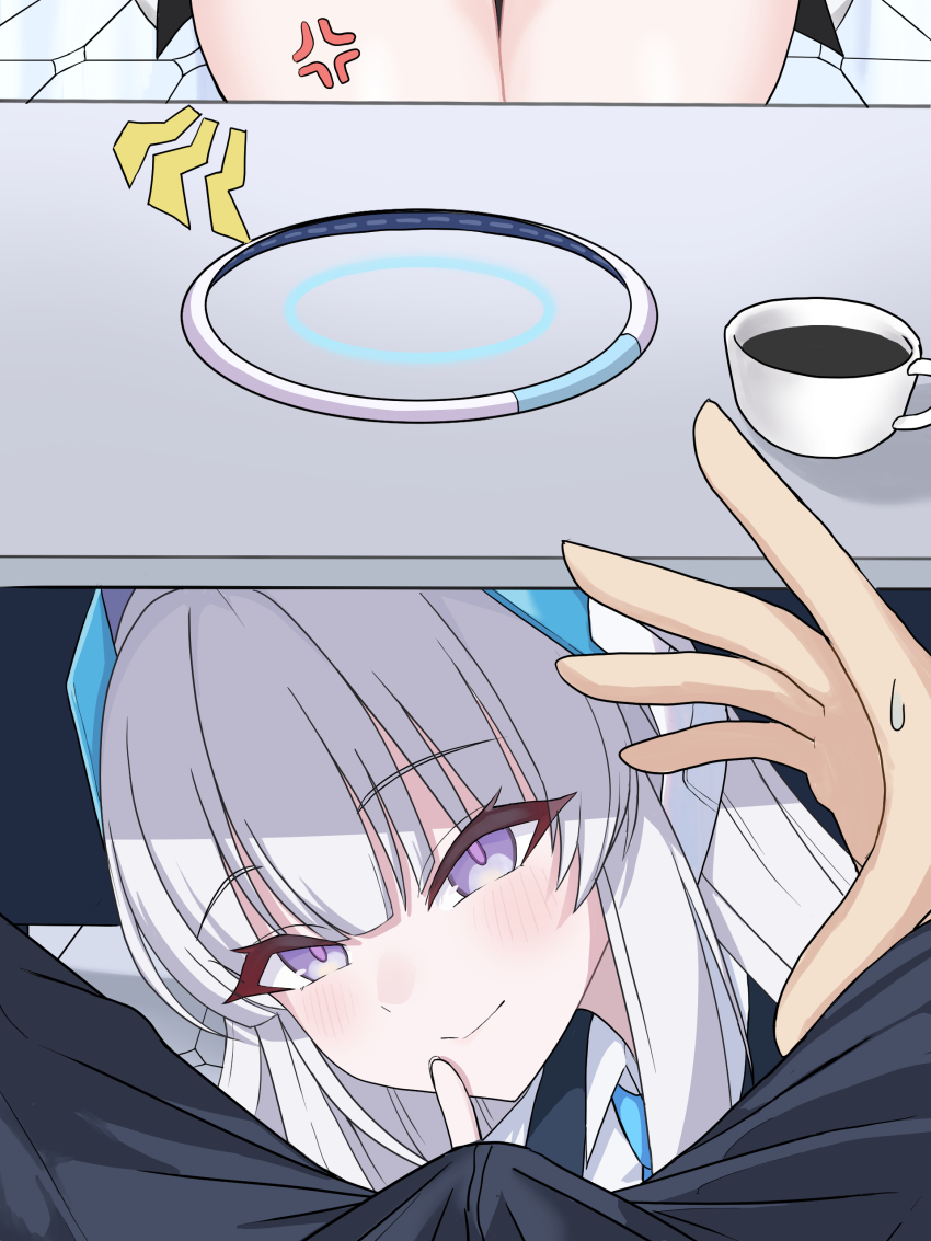 1boy, 2girls, absurdres, anger_vein, blue_archive, bulge, coffee, cup, erection, erection_under_clothes, finger_to_mouth, halo, highres, imminent_fellatio, index_finger_raised, long_hair, looking_at_viewer, mechanical_halo, multiple_girls, noa_(blue_archive), pinnyonn0375, pov, purple_eyes, shushing, table, under_table, white_hair, yuuka_(blue_archive)