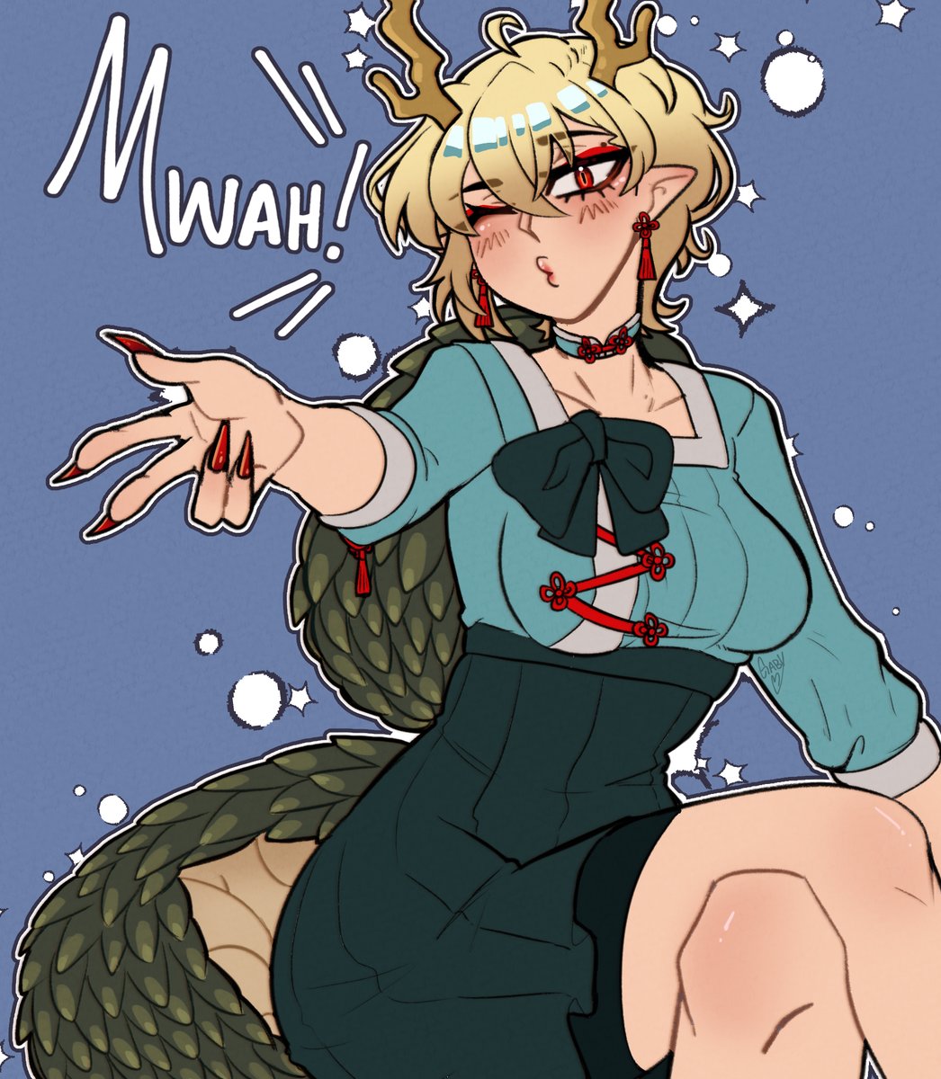 1girl, antlers, blonde_hair, blowing_kiss, blue_background, blue_choker, blue_shirt, blush