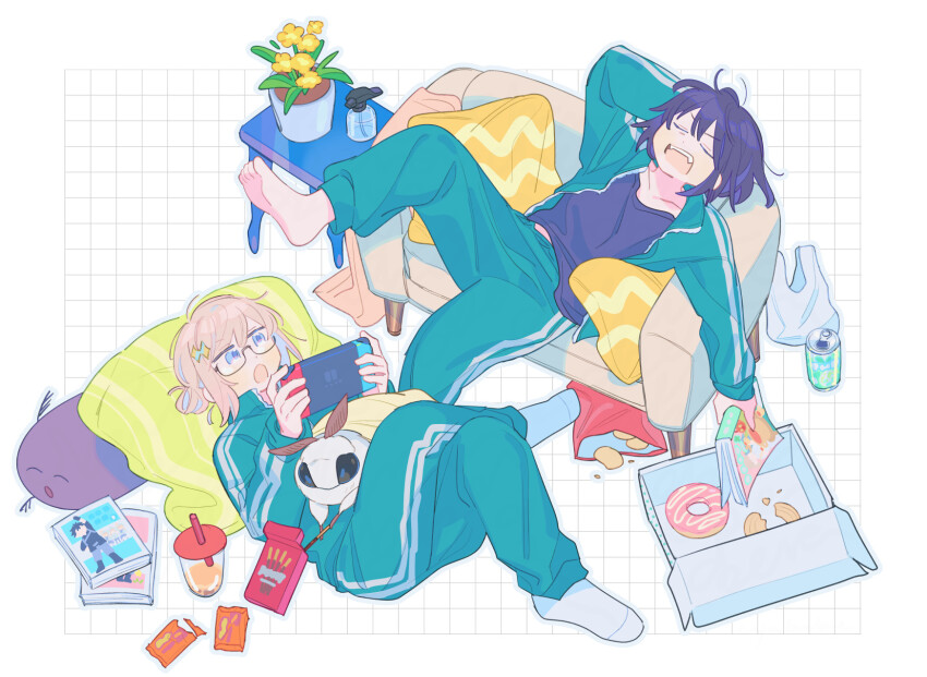 2boys, aqua_track_suit, barefoot, black_hair, black_shirt, blanca_(fate), blue_eyes, book