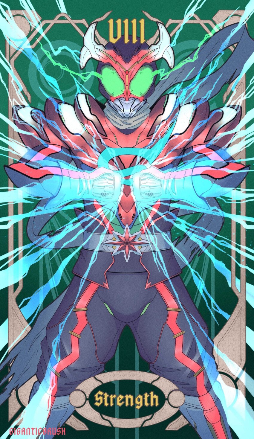1boy, absurdres, antennae, armor, beetle, beetle_horn, belt, black_bodysuit, bodysuit, boots, bug, card_(medium), clenched_hand, compound_eyes, cowboy_shot, electrer, english_text, giganticbrush, gloves, green_eyes, helmet, highres, horns, insect, kamen_rider, kamen_rider_stronger, kamen_rider_stronger_(series), kamen_rider_stronger_charge_up, looking_at_viewer, male_focus, multicolored_armor, red_armor, rider_belt, roman_numeral, scarf, solo, sparks, standing, strength_(tarot), tarot, tarot_(medium), white_gloves