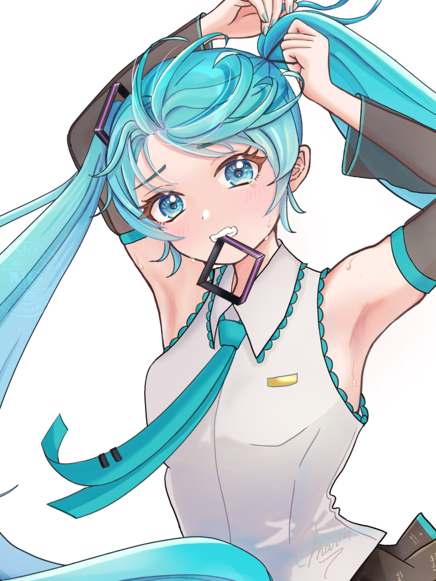 1girl, absurdres, aqua_eyes, aqua_hair, aqua_nails, aqua_necktie, armpit_focus, armpits