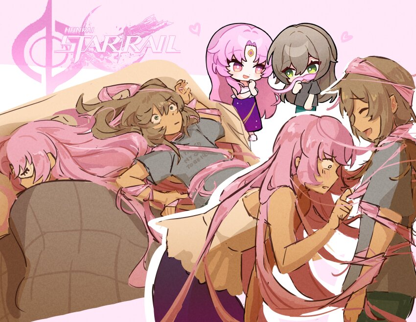 2girls, absurdres, bare_shoulders, blanket, blush, bound, brown_hair, closed_eyes, closed_mouth, clothes_writing, commentary, copyright_name, cowboy_shot, english_commentary, eye_mask, forehead_jewel, fu_xuan_(honkai:_star_rail), green_eyes, green_pants, grey_shirt, hair_between_eyes, heart, highres, honkai:_star_rail, honkai_(series), long_hair, looking_at_another, looking_up, lying, mask, multiple_girls, multiple_views, nonnormalguy, on_back, on_bed, on_side, open_mouth, pants, parted_bangs, pillow, pink_eyes, pink_hair, pink_slippers, purple_skirt, qingque_(honkai:_star_rail), quantum_symbol_(honkai:_star_rail), shirt, short_sleeves, sidelocks, simple_background, skirt, sleeping, slippers, smile, standing, t-shirt, tank_top, tied_up_(nonsexual), very_long_hair, white_background, white_tank_top, yuri