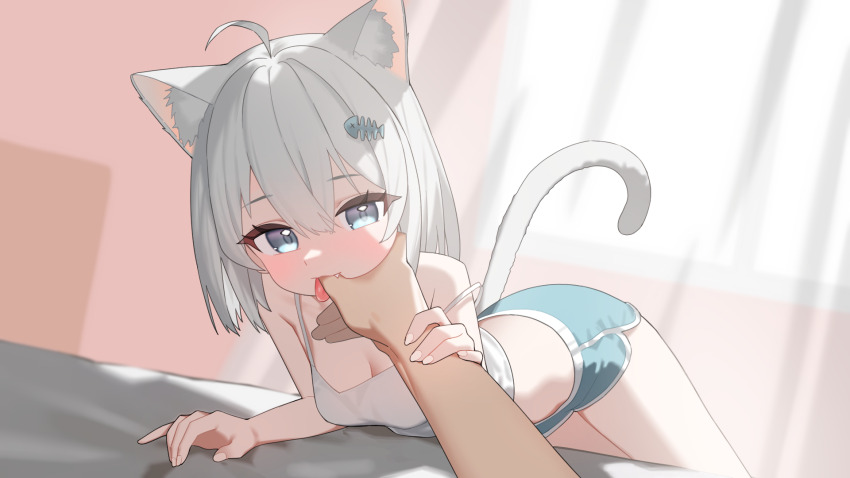 1girl, 1other, ahoge, animal_ear_fluff, animal_ears, blue_eyes, blue_shorts, camisole, cat_ears, cat_girl, cat_tail, dolphin_shorts, fang, finger_in_another's_mouth, hair_ornament, highres, indie_virtual_youtuber, indoors, looking_at_viewer, nachu_(vtuber), pov, pov_hands, shorts, solo_focus, strap_slip, tail, tongue, tongue_out, virtual_youtuber, white_camisole, white_hair, yunjuice
